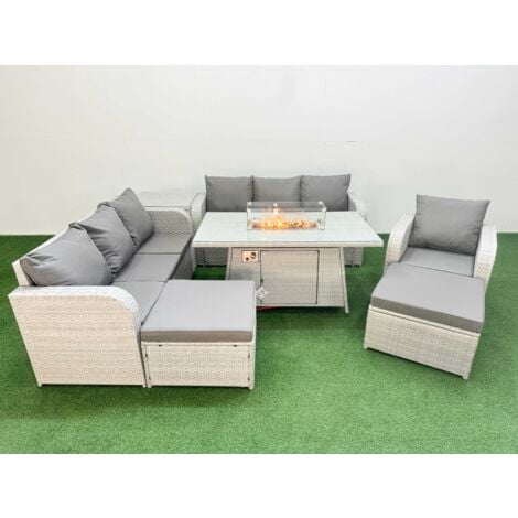 Fimous 9 Seater Poly Rattan Outdoor Garden Furniture Firepit Dining Table Sofa Set Patio 3 Seater Sofa Reclining Chair 3 Seater Sofa 2 Big Footstools Side Table Light Grey