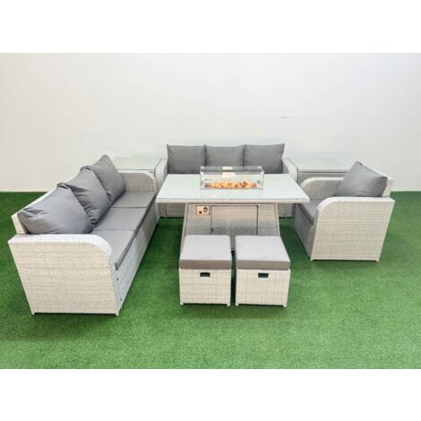 Fimous 9 Seater Poly Rattan Outdoor Garden Furniture Firepit Dining Table Sofa Set Patio 3 Seater Sofa Reclining Chair 3 Seater Sofa Stools 2 Side Table Light Grey