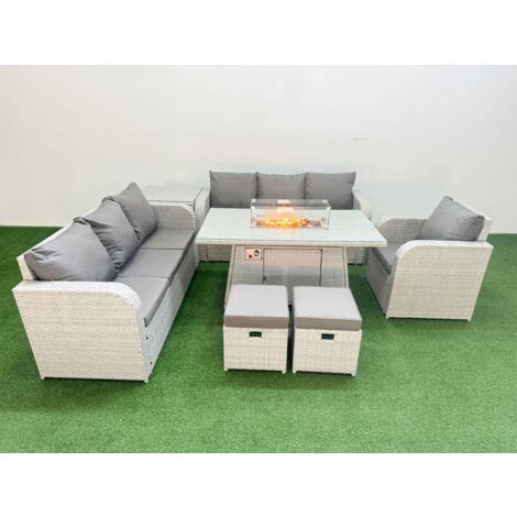 Fimous 9 Seater Poly Rattan Outdoor Garden Furniture Firepit Dining Table Sofa Set Patio 3 Seater Sofa Reclining Chair 3 Seater Sofa Stools Side Table Light Grey