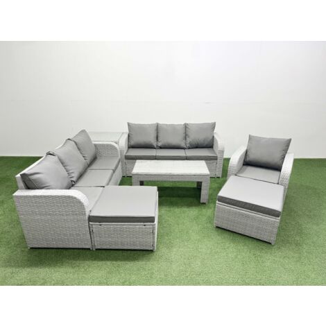 Fimous 9 Seater Poly Rattan Outdoor Garden Furniture Oblong Coffee Table Sofa Set Patio 3 Seater Sofa Reclining Chair 3 Seater Sofa 2 Big Footstools Side Table Light Grey