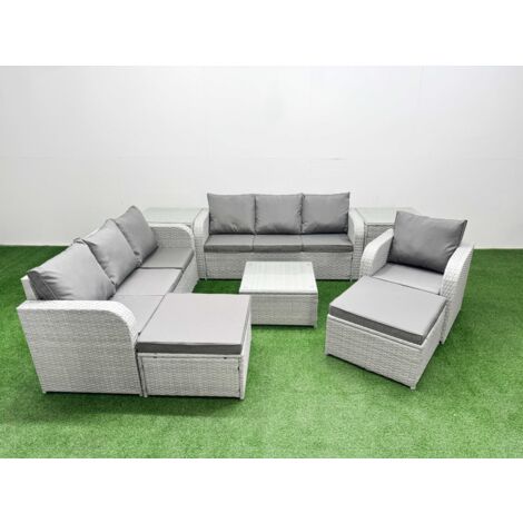 Fimous 9 Seater Poly Rattan Outdoor Garden Furniture Square Coffee Table Sofa Set Patio 3 Seater Sofa Reclining Chair 3 Seater Sofa 2 Big Footstools 2 Side Table Light Grey