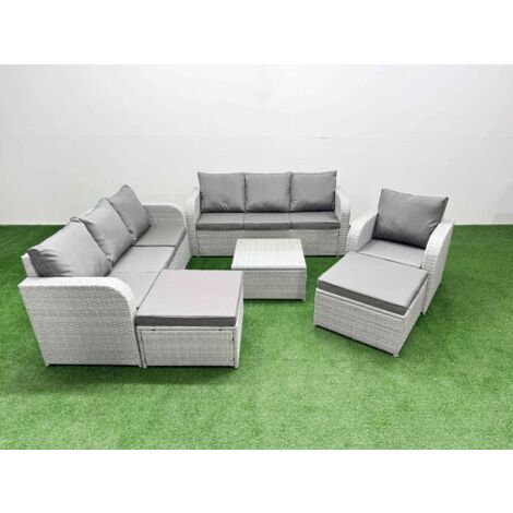 Fimous 9 Seater Poly Rattan Outdoor Garden Furniture Square Coffee Table Sofa Set Patio 3 Seater Sofa Reclining Chair 3 Seater Sofa 2 Big Footstools Light Grey