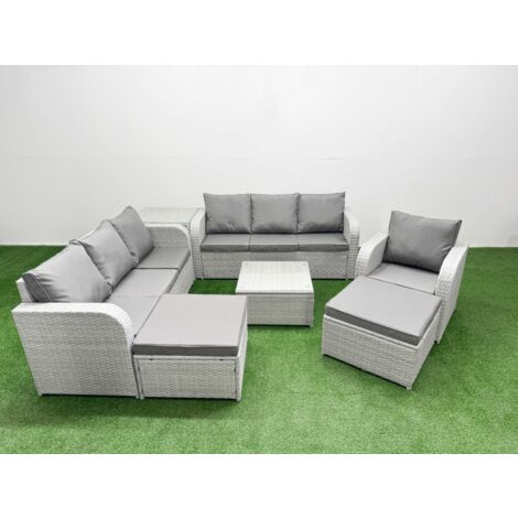 Fimous 9 Seater Poly Rattan Outdoor Garden Furniture Square Coffee Table Sofa Set Patio 3 Seater Sofa Reclining Chair 3 Seater Sofa 2 Big Footstools Side Table Light Grey