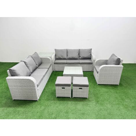 Fimous 9 Seater Poly Rattan Outdoor Garden Furniture Square Coffee Table Sofa Set Patio 3 Seater Sofa Reclining Chair 3 Seater Sofa Stools Side Table Light Grey