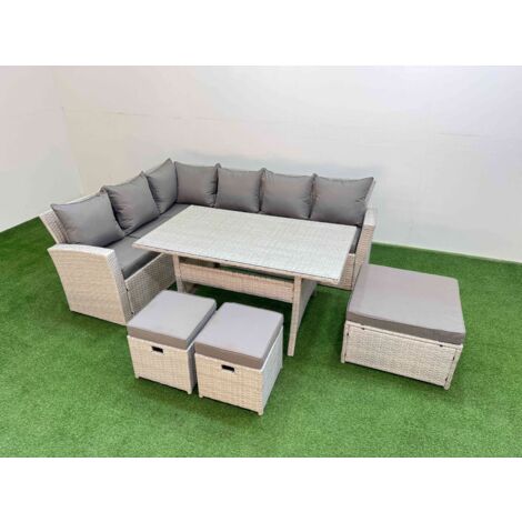 Fimous 9 Seater Rattan Garden Furniture Set Outdoor Patio Dining Corner Sofa Sets with Dining Table 3 Footstools Light Grey Mixed
