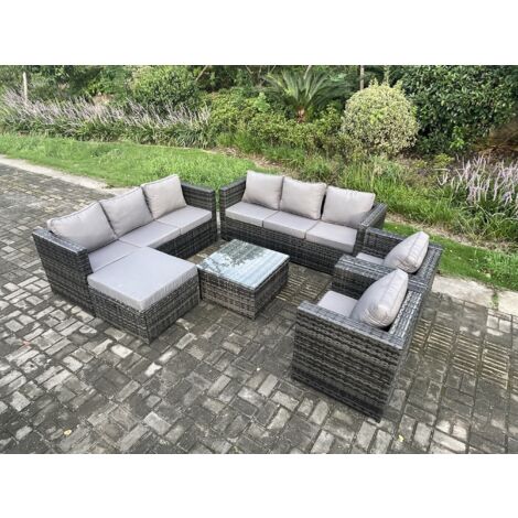 Fimous 9 Seater Rattan Garden Futniture Set Garden Sofa set with 2 Chair Coffee Table Big Footstool Dark Grey Mixed