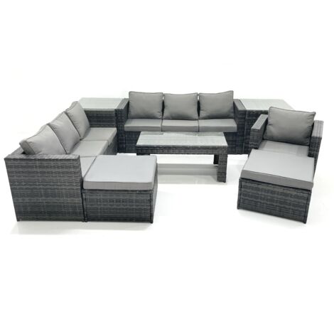 Fimous 9 Seater Rattan Garden Outdoor Furniture Set with 3 Seater Sofa Coffee Table 2 Big Footstool 2 Side tables