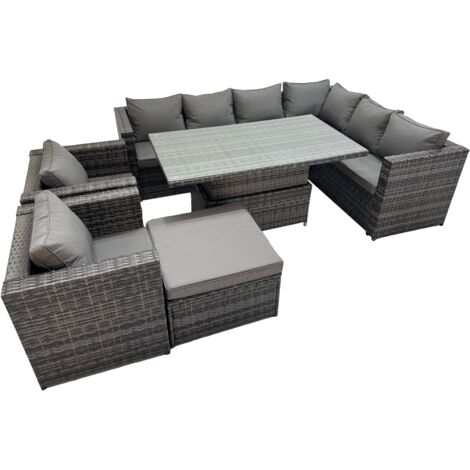 Fimous 9 Seater Rattan Height Adjustable Rising Lifting Table Corner Sofa Sets with 2 Chairs Big Stool Dark Grey Mixed