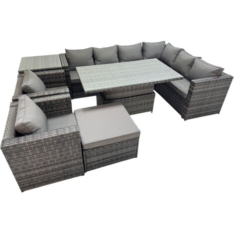 Fimous 9 Seater Rattan Height Adjustable Rising Lifting Table Corner Sofa Sets with 2 Chairs Big Stool Side Table Dark Grey Mixed