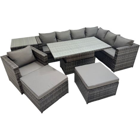 Fimous 9 Seater Rattan Height Adjustable Rising Lifting Table Corner Sofa Sets with Chair 2 Big Stools Side Table Dark Grey Mixed