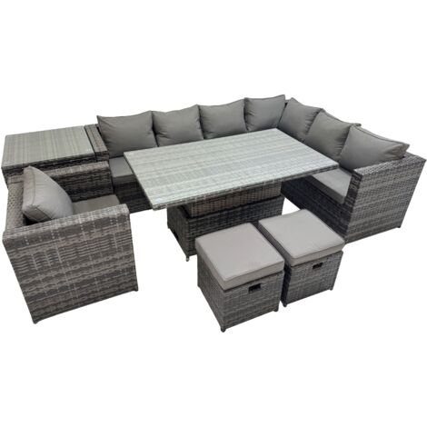 Fimous 9 Seater Rattan Height Adjustable Rising Lifting Table Corner Sofa Sets with Chair Side Table 2 Small Stools Dark Grey Mixed
