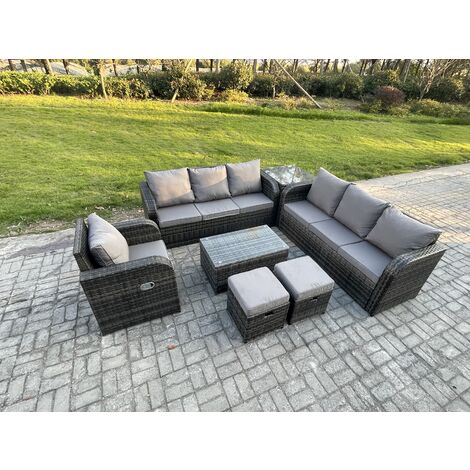 Fimous 9 Seater Rattan Outdoor Garden Furniture Sofa Set Patio Table & Chairs Set with 3 Seater Sofa Reclining Chair 3 Seater Sofa Side Table 2 Small Footstools Dark Grey Mixed