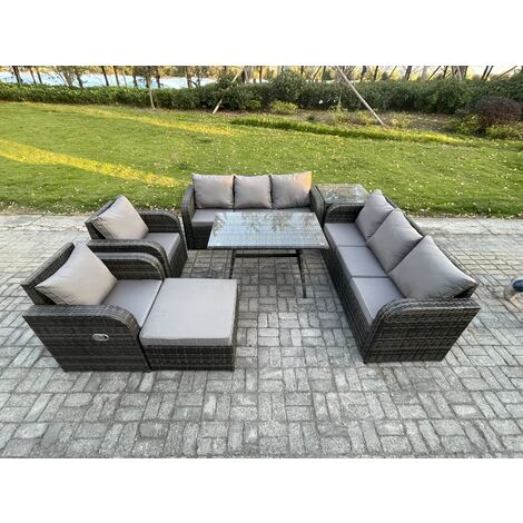 Fimous 9 Seater Rattan Outdoor Garden Furniture Sofa Set Patio Table & Chairs Set with 3 Seater Sofa Rectangular Dining Table Big Footstool Side Table Dark Grey Mixed