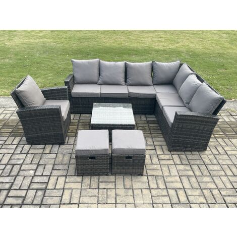 Fimous 9 Seater Wicker PE Outdoor Garden Furniture Set High Back Rattan Corner Sofa Chair Set with 2 Small Footstools Square Coffee Table