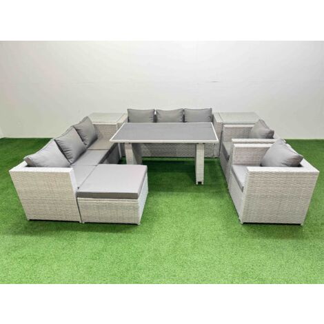 Fimous 9 Seater Wicker PE Rattan Furniture Outdoor Dining Table 3 Seater Sofa Armchair Set with 2 Side Tables Big Stool Light Grey