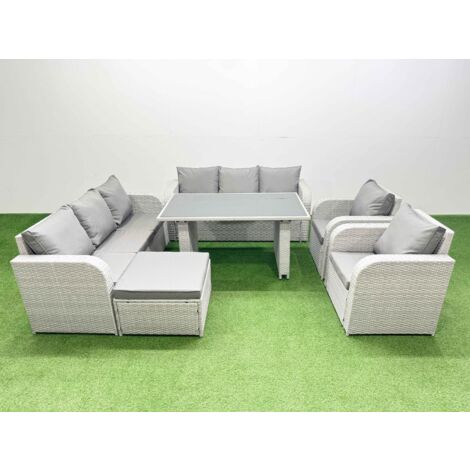 Fimous 9 Seater Wicker PE Rattan Furniture Outdoor Dining Table 3 Seater Sofa Reclining Chair Set with Big Stool Light Grey