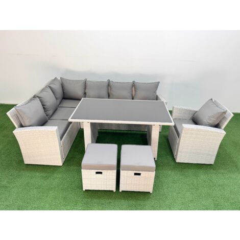 Fimous 9 Seater Wicker Rattan Corner Sofa Sets Outdoor Garden Furniture Sets with Rectangular Dining Table Lounge Sofa 2 Small Footstools Armchair Light Grey