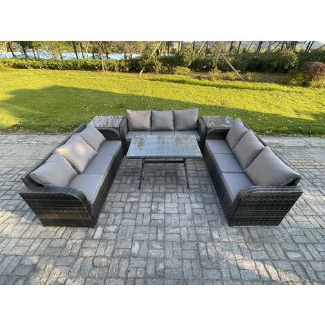 Fimous 9 Seater Wicker Rattan Garden Furniture Set with Rectangular Dining Table 2 Side Tables Patio Outdoor Lounge Sofa Set