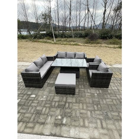 Fimous 9 Seater Outdoor Rattan Garden Furniture Set Adjustable Rising Lifting Dining Table With Chairs Footstool Dark Grey Mixed