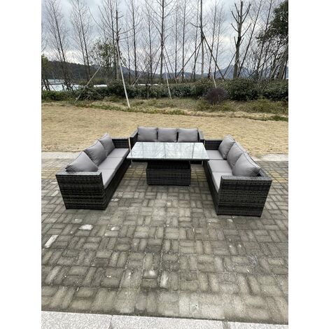 Fimous 9-Sitzer Gartenmöbel Rattan Sofa Set Einstellbarer Aufsteigender Esstisch Dunkelgrau Gemischt