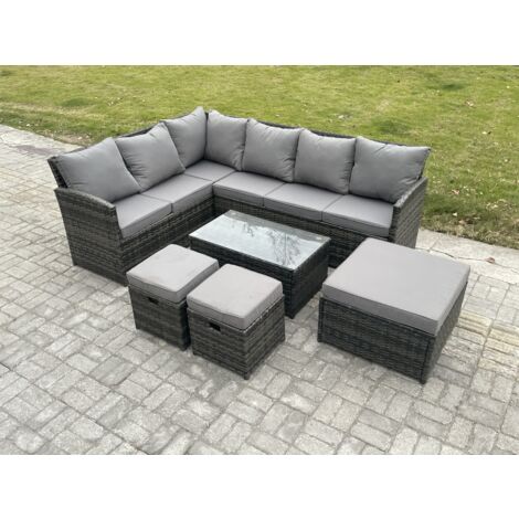 Fimous 9 Sitzer Gartenmöbel-Set aus Rattan mit Couchtisch 3 Fußhockern Dunkelgrau gemischt