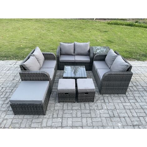 Fimous 9-Sitzer Gartenmöbel Sets Wicker Rattan Möbel Sofa Sets mit quadratischem Couchtisch Liebe Sitz Sofa 3 Fußhocker Beistelltisch