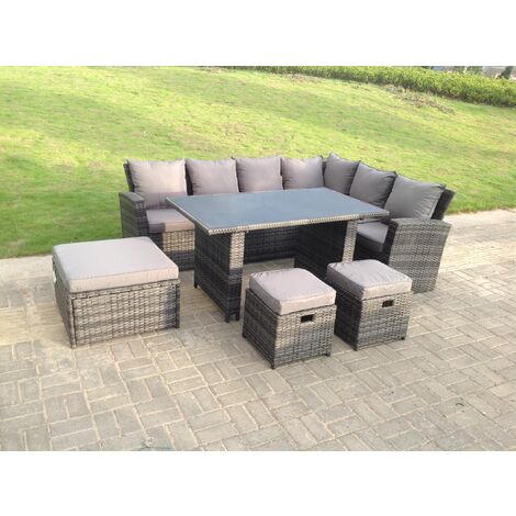 Fimous 9-Sitzer High Back Rattan Gartenmöbel Set Ecksofa mit schwarzem gehärtetem Glas Esstisch 3 Hocker