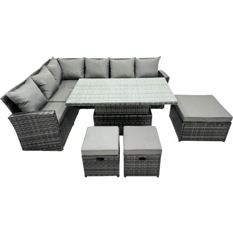 Fimous 9 Sitzer Hoher Rücken Outdoor Rattan Höhenverstellbarer Esstisch Ecksofa Set Gartenmöbel Hockern Dunkelgrau gemischt