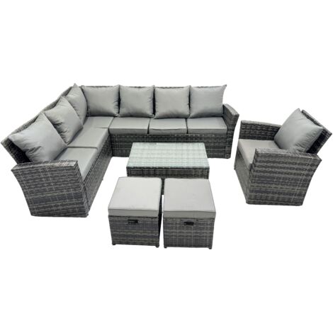 Fimous 9 Sitzer Hoher Rücken Rattan Gartenmöbel-Set Ecksofa mit Länger Couchtisch Hocker mit Sessel