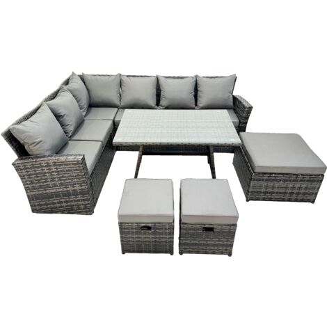 Fimous 9 Sitzer Hoher Rücken Rattan Gartenmöbel-Set Ecksofa mit Länglicher Esstisch 3 Hockern