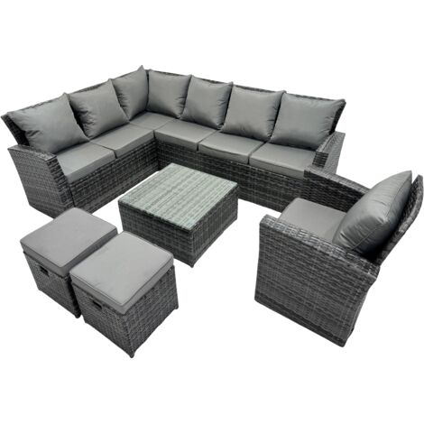 Fimous 9 Sitzer Hoher Rücken Rattan Gartenmöbel-Set Ecksofa mit Quadratischer Couchtisch Hocker mit Sessel