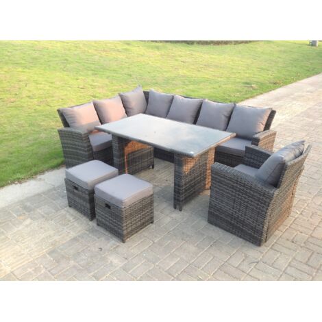 Fimous 9 Sitzer Hoher Rücken Rattan Gartenmöbel-Set Ecksofa mit Schwarz gehärtet Esstisch 2 Hockern mit Sessel