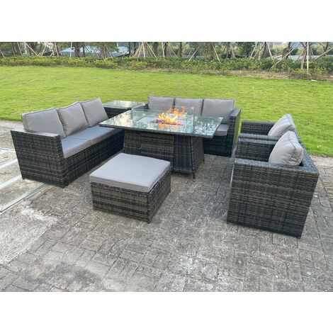 Fimous 9 Sitzer Lounge Rattan Gartenmöbel Set Gas Feuerstelle Tischbrenner Outdoor Feuertisch Sets Stühle Dunkelgrau Groß Foothocker