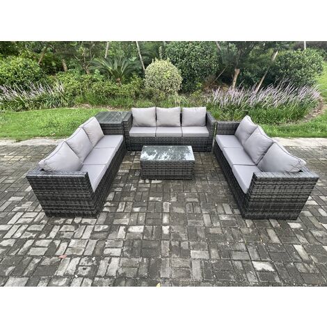 Fimous 9-Sitzer Lounge Sofa Set Wicker PE Rattan Gartenmöbel Set mit Länglichem Couchtisch Beistelltisch Dunkelgrau Gemischt