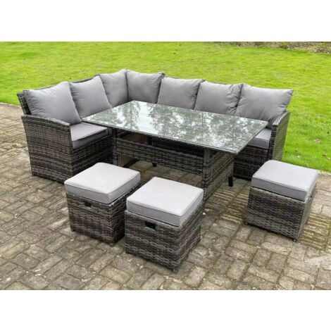 Fimous 9 Sitzer Outdoor Gartenmöbel-Set Ecksofa Esstisch Sets Terrassen mit 3 Hockern