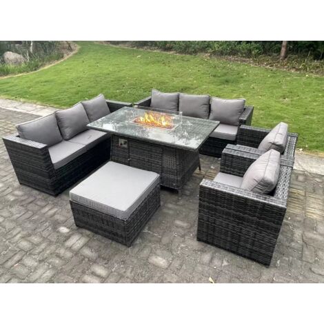 Fimous 9-Sitzer Outdoor Polyrattan Gartenmöbel Set Gas Feuer Grube Esstisch Gas Heizung Brenner mit Sofa Sessel Großer Fußhocker Dunkelgrau gemischt