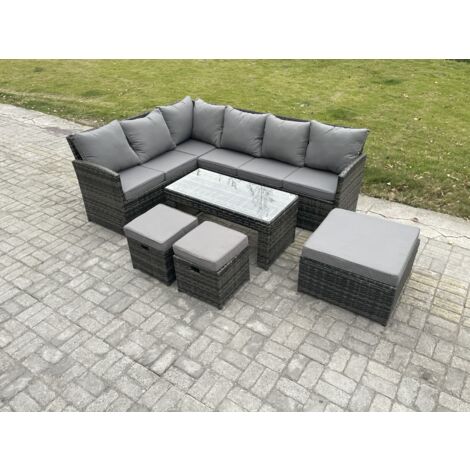 Fimous 9 Sitzer Outdoor Rattan Gartenmöbel-Set Ecksofa Länger Couchtisch Sets mit Terrassen 3 Fußhockern Dunkelgrau gemischt