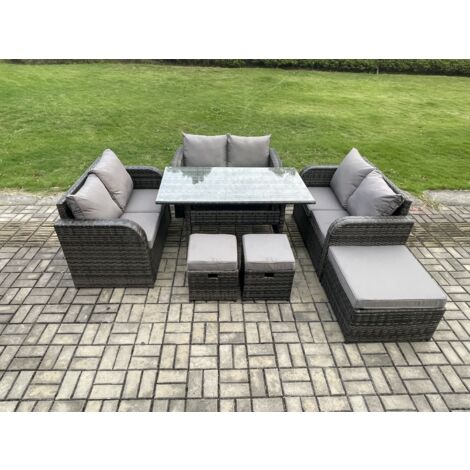 Fimous 9 Sitzer Outdoor Rattan Gartenmöbel-Set mit Terrassen Rechteckiger Esstisch Liebe Sofa 3 Fußhockern Dunkelgrau gemischt