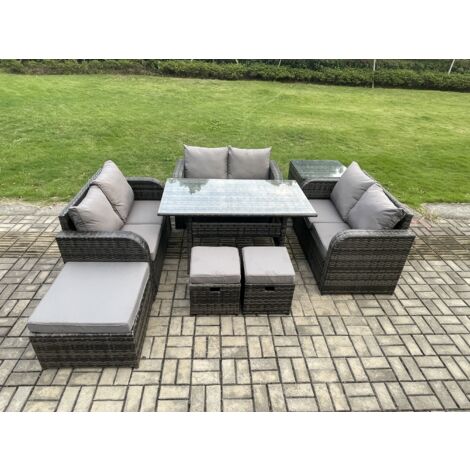 Fimous 9 Sitzer Outdoor Rattan Gartenmöbel-Set mit Terrassen Rechteckiger Esstisch Liebe Sofa Beistelltisch 3 Fußhockern Dunkelgrau gemischt