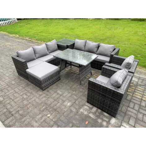 Fimous 9-Sitzer Polyrattan Gartenmöbel Set im Balkon Lounge Sofa Garten Esstisch Set mit 2 Sesseln Beistelltischen 2 Großer Hockern Dunkelgrau Gemischt
