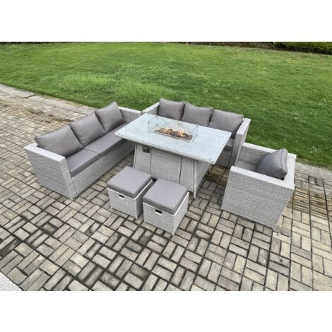 Fimous 9-Sitzer Polyrattan Gartenmöbel Set mit 2 Sofa, Gas Feuertisch und Sessel ,2 Kleiner Hocker Outdoor Terrassen Essgruppe Helles Grau