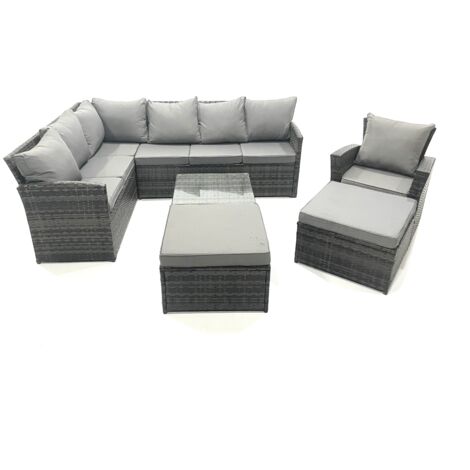 Fimous 9 Sitzer Rattan Gartenmöbel Set Ecksofa Set aus Polyrattan mit Quadratischer Couchtisch 2 Großer Hockern Dunkelgrau gemischt