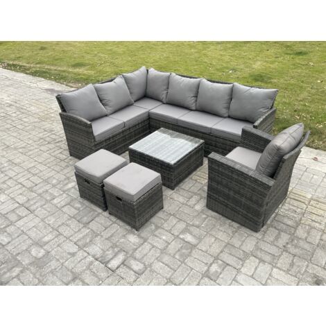 Fimous 9 Sitzer Rattan Gartenmöbel Set Ecksofa Set aus Polyrattan mit Quadratischer Couchtisch 2 kleine Fußhockern Sesseln Dunkelgrau gemischt