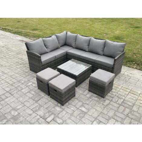 Fimous 9 Sitzer Rattan Gartenmöbel Set Ecksofa Set aus Polyrattan mit Quadratischer Couchtisch 3 Fußhockern Dunkelgrau gemischt