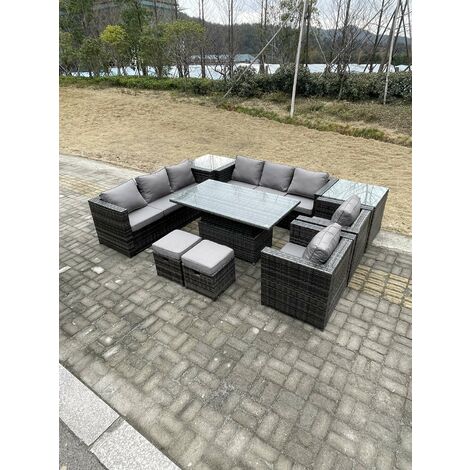 Fimous 9 Sitzer Rattan Gartenmöbel Set Einstellbarer aufsteigender Esstisch mit Beistelltisch Stühle Hocker Dunkelgrau Gemischt