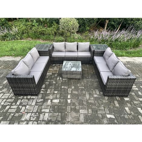 Fimous 9-Sitzer Rattan Gartenmöbel Set Patio Lounge Sofa Set mit 2-Beistelltischen Quadratischer Couchtisch Dunkelgrau Gemischt