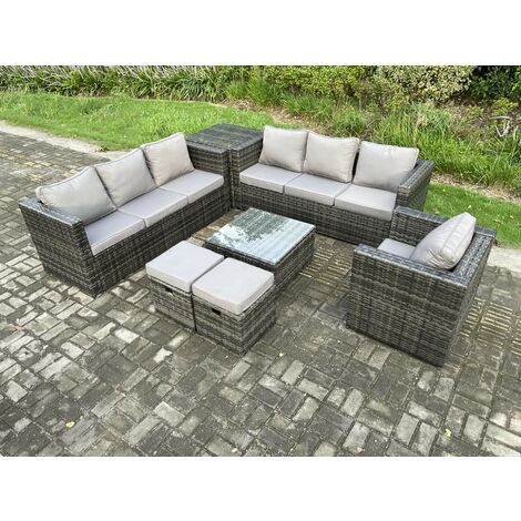 Fimous 9-Sitzer Rattan Gartenmöbel Sofa Set mit Sessel Beistelltisch Quadratischer Couchtisch 2 Kleine Hocker Innen Beistelltisch Outdoor Rattan Set Dunkelgrau Gemischt