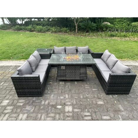 Fimous 9-Sitzer Rattan Gartenmöbel Sofa Set Outdoor Patio Gas Feuer Grube Esstisch Gas Heizung Brenner mit Beistelltisch Dunkelgrau gemischt