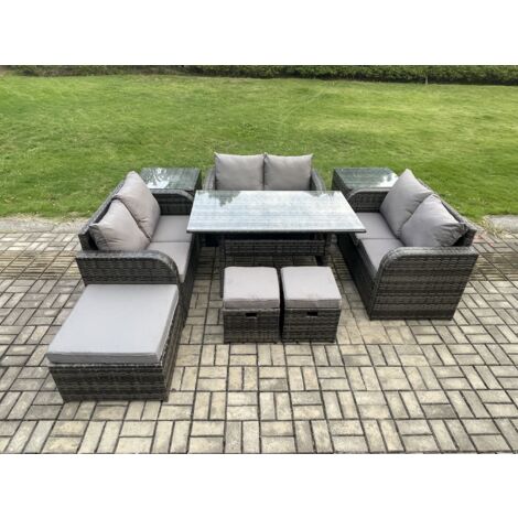 Fimous 9 Stücke Outdoor Rattan Gartenmöbel-Set mit Terrassen Rechteckiger Esstisch Liebe Sofa 2 Beistelltischen 3 Fußhockern Dunkelgrau gemischt