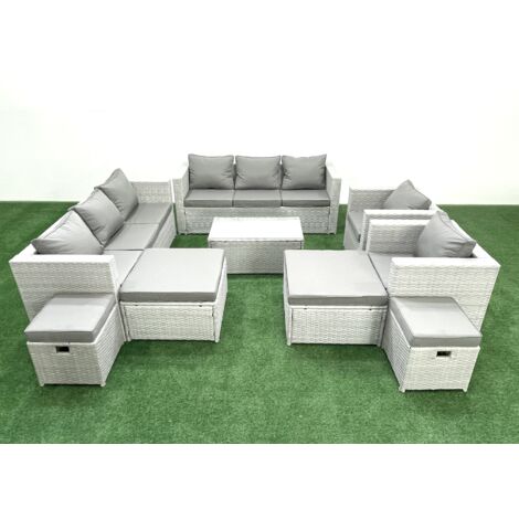 Fimous 9 Stücke Rattan Gartenmöbel Set Garten Sofa Stuhl Couchtisch Set mit 4 Hockern Hellgrau gemischt